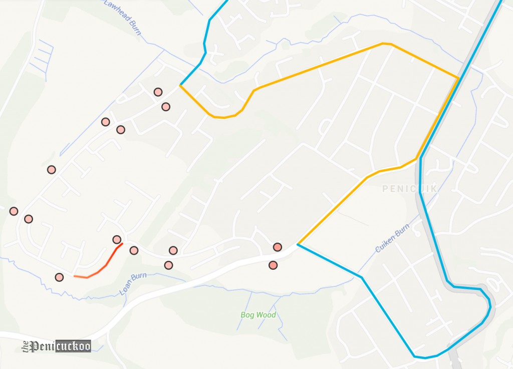 Blue = Normal Route, Orange = Diverted Route, Red = Closed section, Red Circle = Closed Bus Stops